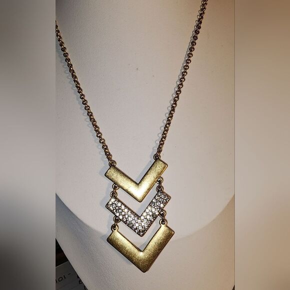 Signed J. Crew Matte Gold Tone Rhinestone Costume Statement Necklace - Picture 2 of 13